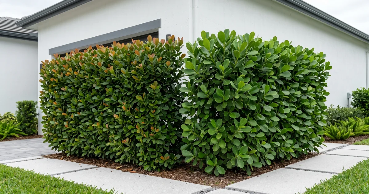 Side-by-side reference of cocoplum and Clusia hedges in a South Florida residential yard, used to illustrate the comparison.
