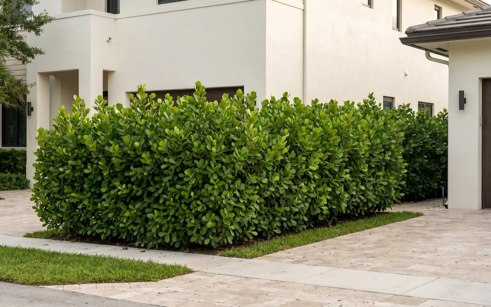 A completed street-facing Clusia privacy hedge installed along a Fort Lauderdale home.