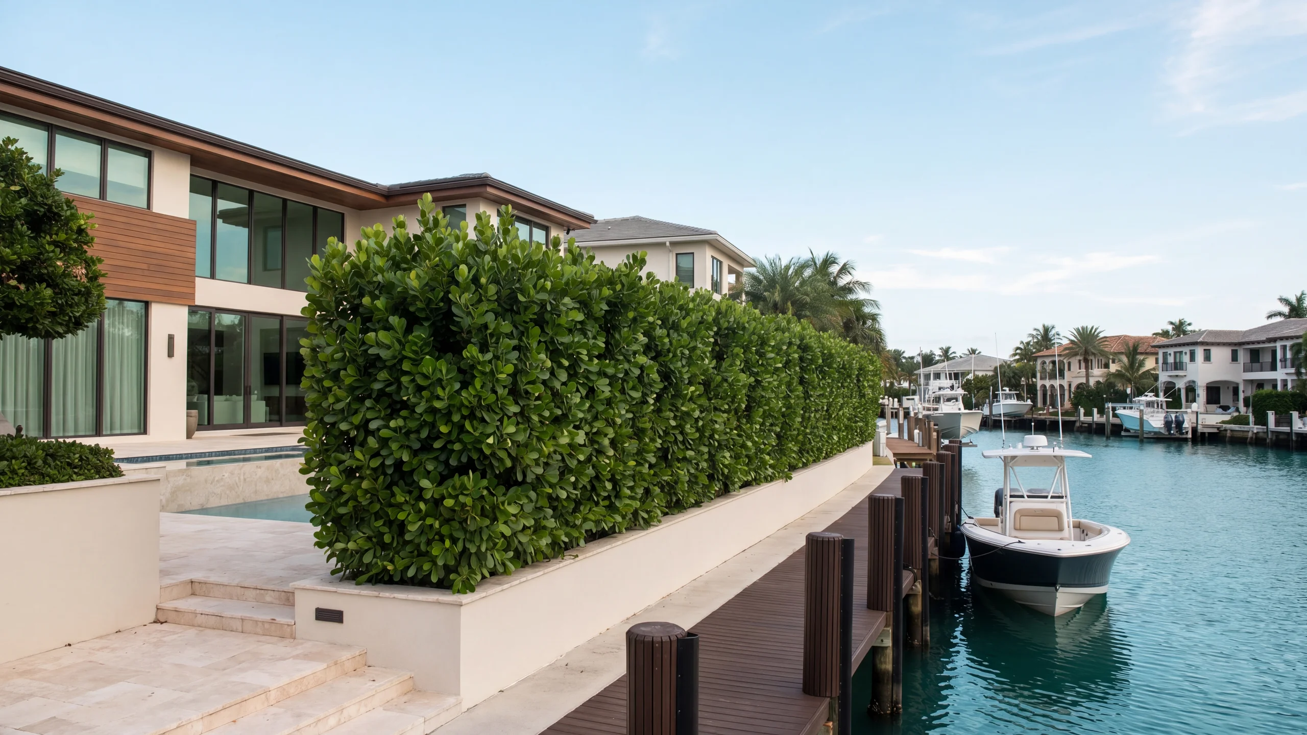 A mature privacy hedge along the back of a Fort Lauderdale property, illustrating how a single hedge line can replace a fence and deliver both privacy and quiet.