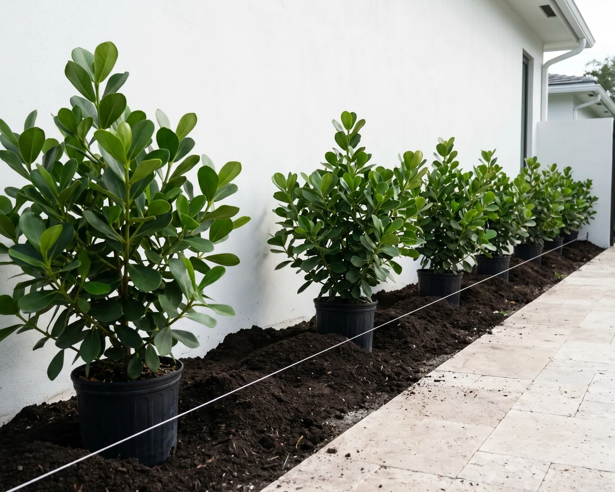 Soil prep and spacing work in progress on a hedge install site, illustrating the kind of clean site condition a proper ficus removal should leave behind.
