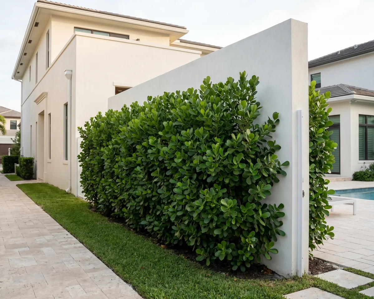 A dense privacy hedge softening a boundary line between two South Florida properties.